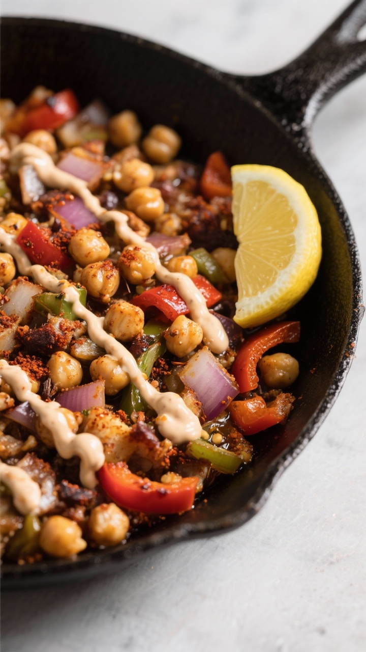 45-degree skillet scene of Smoky Chickpea Breakfast Hash: chickpeas crisped in olive oil with diced onion and bell pepper, coated in smoked paprika, ground cumin, and a hint of salt; caramelized edges and deep color contrast; finished with a generous zigzag of lemon-tahini drizzle, lemon wedge on the side; hearty, savory, and inviting on a cast-iron pan.