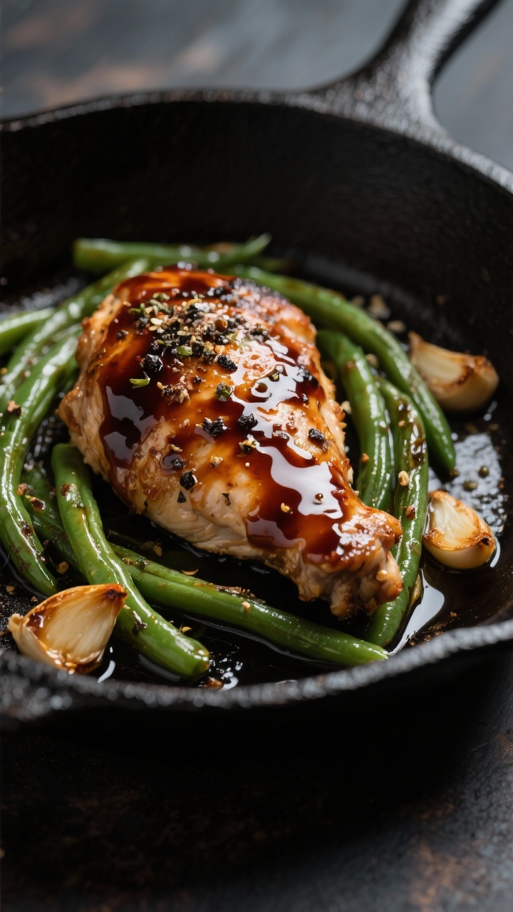 45-degree skillet shot: balsamic-glazed boneless, skinless chicken thighs in a black cast-iron pan, coated with a glossy reduction of balsamic vinegar and honey; Italian seasoning and cracked black pepper visible, garlic slices caramelized around the edges; garlicky green beans nestled in, still crisp-tender with a light sheen of olive oil; rich, moody lighting highlighting the syrupy glaze trails on the pan.