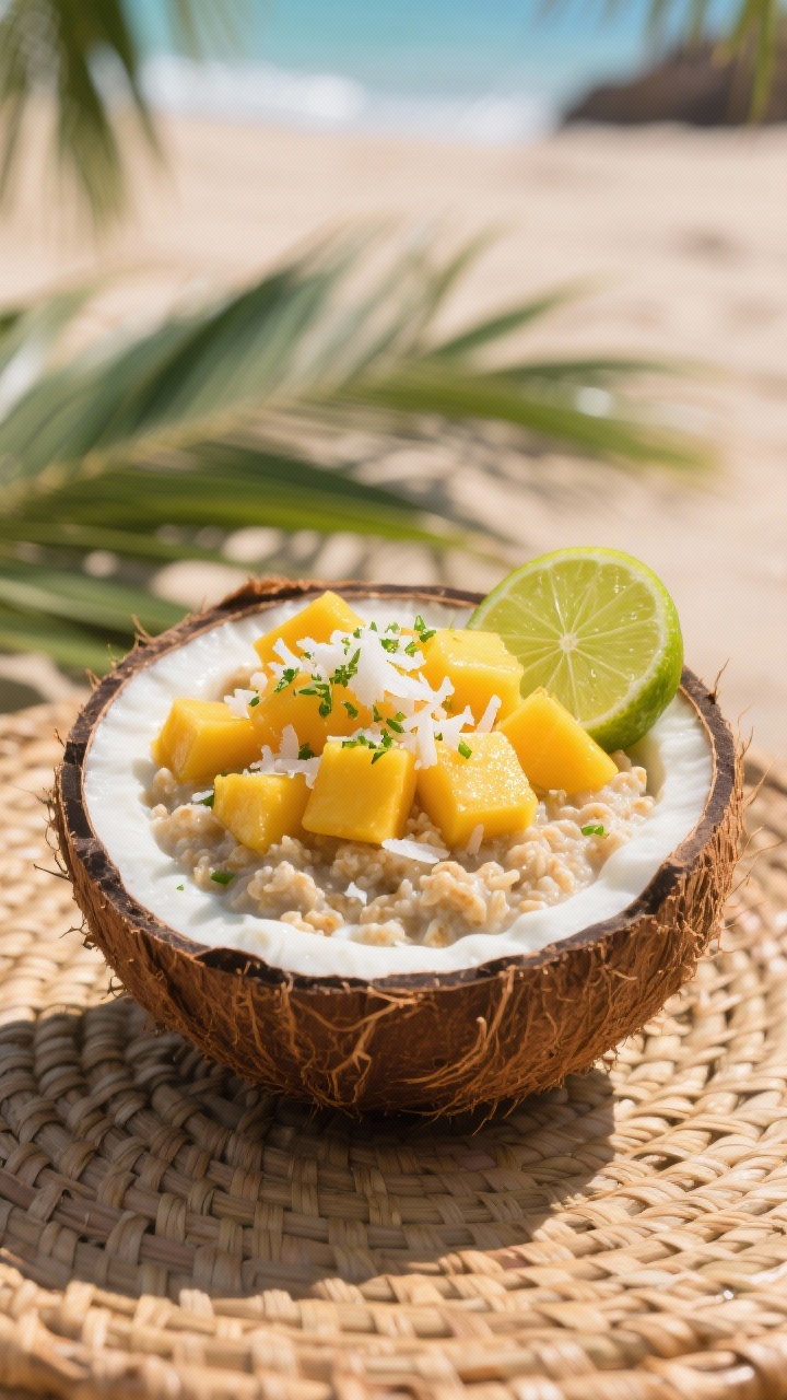 45-degree tropical scene of mango coconut overnight oats in a coconut-shell bowl: lush, creamy oats made with coconut milk and Greek-style yogurt, piled with juicy diced ripe mango, a sprinkle of shredded coconut, and a bright lime wedge with micro-grated lime zest dusted over the top; sunlit rattan mat, palm-leaf shadow, saturated colors for a beachy vibe.