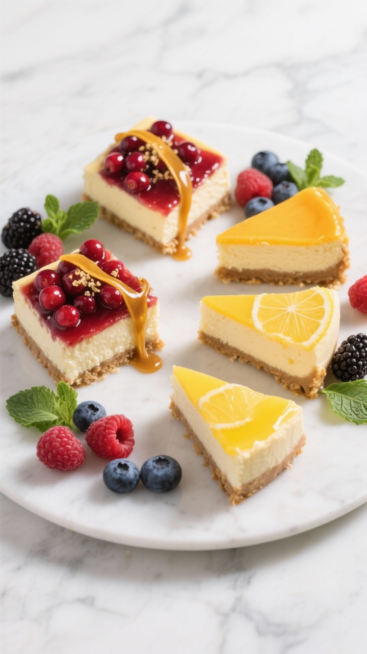5-inch cheesecake squares from two 9x9 pans, each topped variably with cranberry–orange compote (ruby, glossy), salted caramel sauce (golden ribbons), and lemon curd (vibrant yellow), surrounded by mixed berries—raspberries, blueberries, blackberries—plus micro mint leaves, served on a matte white platter over marble, high-key lighting, precise garnishing and ultra clean lines for a refined look.