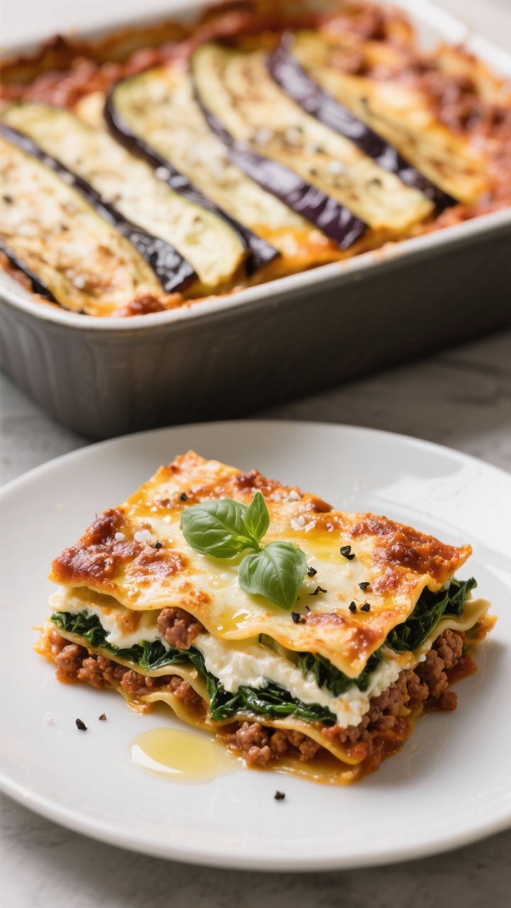 A 45-degree angle baked-pan presentation of eggplant lasagna with ricotta spinach layers: neatly stacked lengthwise eggplant planks with visible layers of creamy ricotta and spinach, savory Italian sausage (or ground turkey) sauce peeking at the edges; lightly browned, bubbly top; seasoned with kosher salt and black pepper, olive oil glistening; sliced square on a white plate with a sprig of basil; the remaining casserole in the background, warm and inviting.
