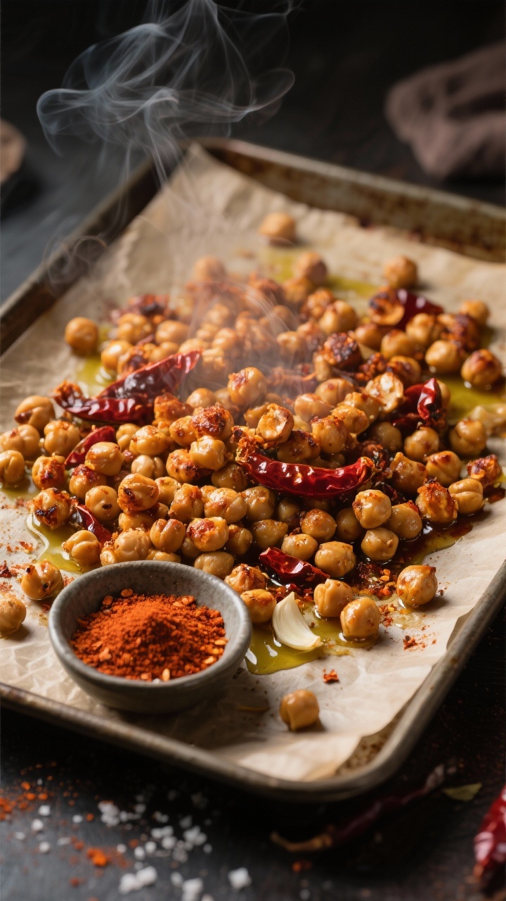 A 45-degree angle baking tray scene of spicy roasted chickpeas just out of the oven: canned chickpeas tossed with olive oil, smoked paprika, chili powder, garlic powder, a pinch of cayenne, and salt, showing blistered, crispy edges; some spices visibly clinging to the chickpeas, light steam rising, set on parchment with a small bowl of the dry spice blend in frame, moody side lighting to emphasize crunch.