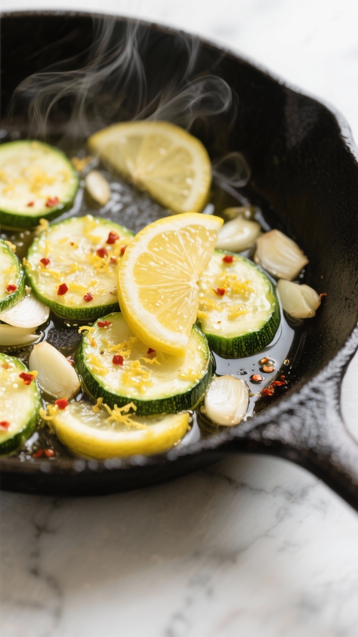 A 45-degree angle close-up of a garlicky lemon zucchini skillet: half-moon zucchini slices sizzling in olive oil with thinly sliced garlic, visible lemon zest and a fresh squeeze of lemon juice beading on the vegetables, a hint of red pepper flakes scattered, steam rising from a black cast-iron pan on a light marble surface, bright, zesty, minimal styling, no people.