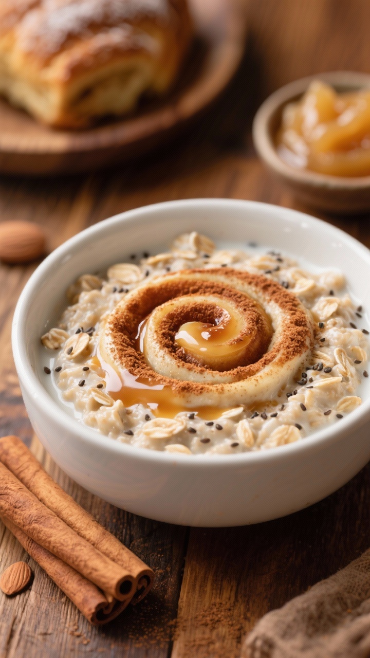 A 45-degree angle close-up of cinnamon roll overnight oats in a white ceramic bowl: thick, creamy oats made with almond milk, nonfat Greek yogurt, chia seeds, unsweetened applesauce, maple syrup, and a heavy dusting swirl of ground cinnamon on top. A tiny drizzle of maple forms a spiral like a cinnamon roll glaze. Set on a warm wood table with a cinnamon stick bundle and a small bowl of applesauce in the background, cozy bakery aroma implied.