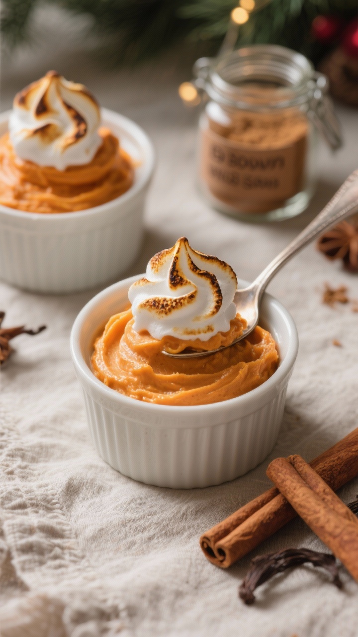 A 45-degree angle close-up of sweet potato mousse spooned into small ramekins, the texture airy and velvety, tinted warm orange; topped with toasted marshmallow swirls with charred golden tips; hints of cinnamon and vanilla in the styling—small jars labeled brown sugar and ground cinnamon nearby; set on a neutral linen with soft, cozy lighting to evoke holiday warmth.