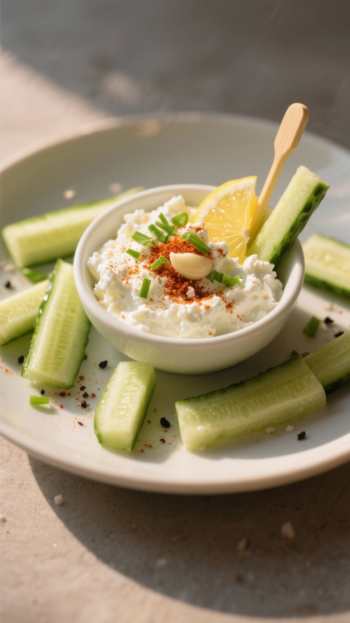 A 45-degree angle plated dip scene: a small bowl of low-fat cottage cheese whipped with smoked paprika, garlic powder, lemon juice, and chopped fresh chives/green onion, seasoned with salt and black pepper; cucumber sticks arranged as dippers around the bowl; warm side light to show creamy curds and paprika hue, minimal props for a clean, healthy vibe.