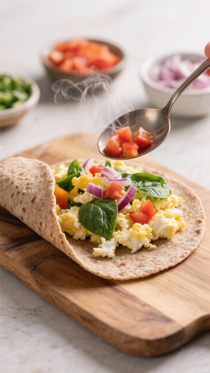A 45-degree angle shot of a veggie egg white scramble wrap being assembled: a warm 6-inch whole-grain tortilla on a wooden board, piled with fluffy egg whites, chopped baby spinach, diced bell pepper, and red onion. A spoon is mid-motion adding the final sprinkle of diced tomato (if present) with steam just visible from the eggs. Bright, vibrant colors, minimal props—small bowls of the prepped veg in the background. Crisp, appetizing, ready-in-10 energy.