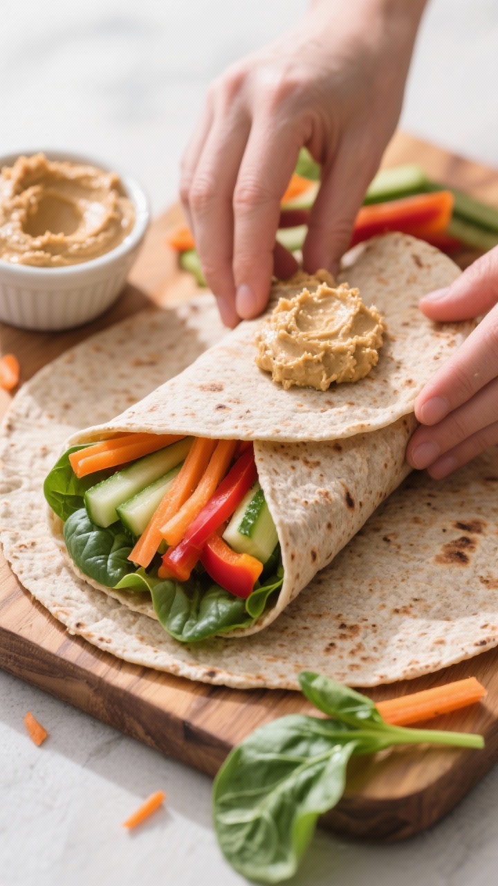 A 45-degree angle shot of a whole-grain tortilla wrap being assembled: a generous swipe of hummus, neat rows of shredded carrots, cucumber matchsticks, colorful bell pepper strips, and a handful of fresh baby spinach; the wrap partially folded to show the crunchy layers inside, placed on a wooden board with a small ramekin of hummus and scattered veggie trimmings, bright natural light for a grab-and-go feel.