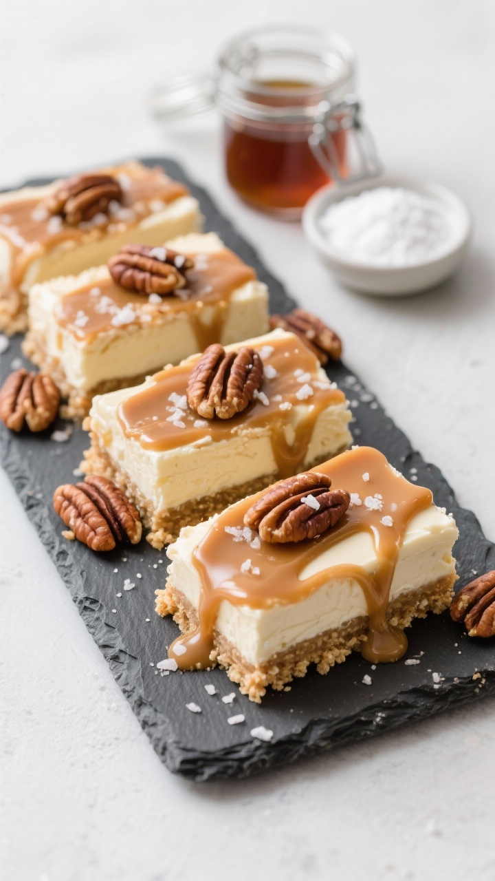 A 45-degree angle shot of maple pecan icebox bars sliced into neat rectangles, layered creamy filling made with cream cheese, pure maple syrup, and vanilla atop a vanilla wafer crumb crust; glossy salted caramel drizzled over the bars and scattered toasted pecans, a pinch of sea salt crystals visible; plated on a slate board with a jar of maple syrup and a small dish of powdered sugar nearby, clean minimalist background.