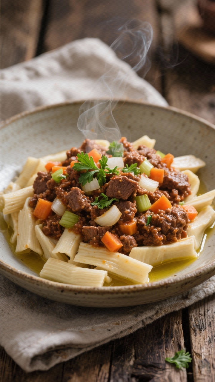 A 45-degree angle view of hearty beef bolognese over hearts of palm “pasta” plated in a rustic bowl: pale strands of hearts of palm topped with a rich, chunky sauce of browned beef, finely diced onion, carrot, celery, and minced garlic simmered in olive oil; steam rising, sauce clinging to the “noodles”; scattered parsley and a drizzle of olive oil; set on a weathered wooden table with a linen napkin, emphasizing warmth and Italian comfort.