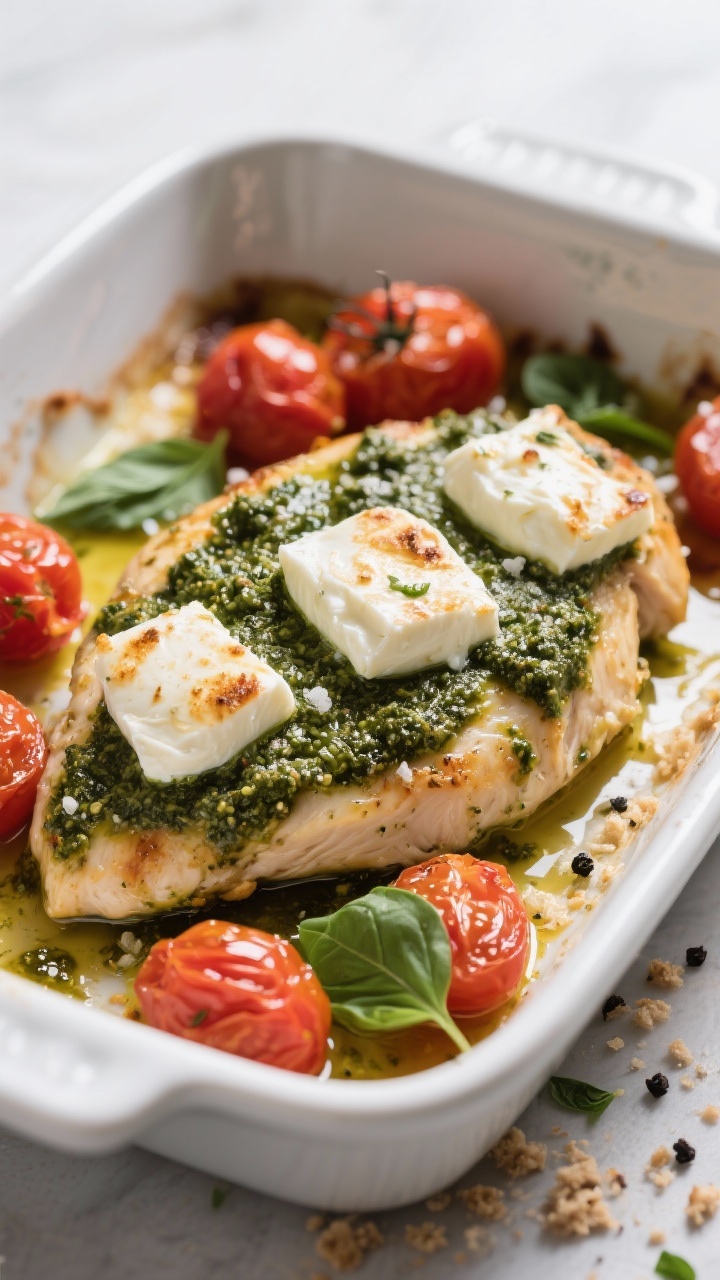 A 45-degree baked pesto chicken presentation: evenly pounded chicken breasts generously slathered with glossy basil pesto, topped with melted, slightly blistered fresh mozzarella; burst cherry tomatoes collapsed around the chicken, their juices mingling with olive oil and pesto drips; coarse salt and black pepper visible; served in a white enamel baking dish, rustic crumbs and basil flecks scattered, bright, fresh, Italian-inspired mood.