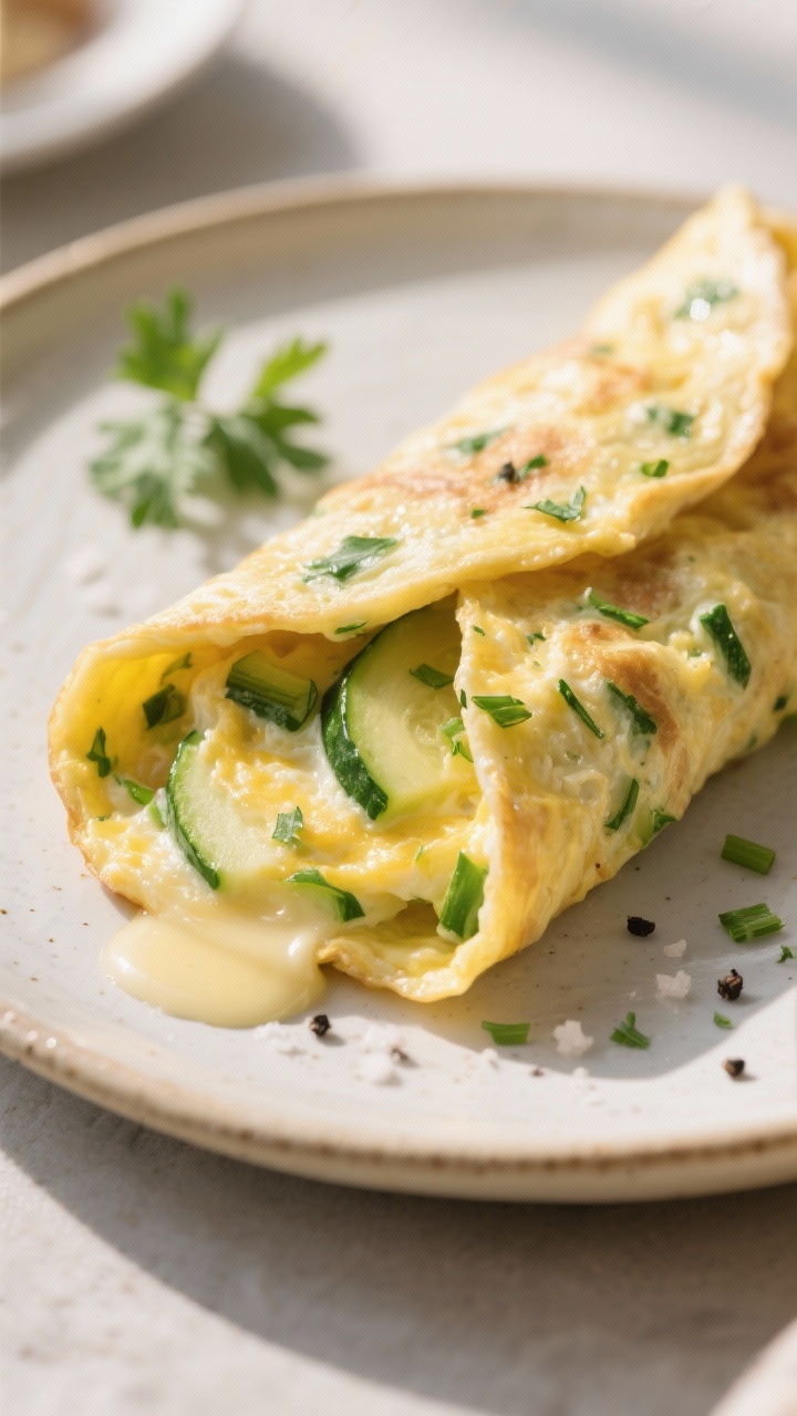 A 45-degree brunch plate of an herby zucchini omelet wrap: tender egg omelet speckled with grated zucchini and chopped herbs (parsley, chives), seasoned with salt and black pepper, folded into a wrap-like roll with a soft gloss from butter; slice reveals green flecks, served on a simple ceramic plate with a small herb sprig, bright morning light.
