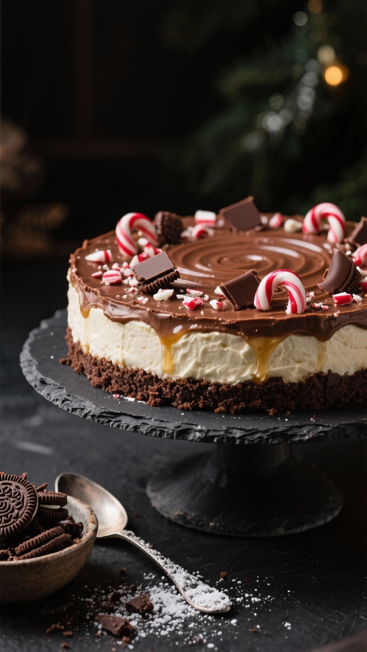 A 45-degree close-up of a peppermint mocha no-bake cheesecake on a dark slate cake stand: chocolate sandwich cookie crumb crust glistening with melted butter, ultra-smooth cream cheese filling swirled with mocha tones, topped with crushed candy canes and chocolate curls; include a small bowl of crushed chocolate sandwich cookies and a spoon dusted with powdered sugar in the background; moody holiday lighting, shallow depth of field, no people.
