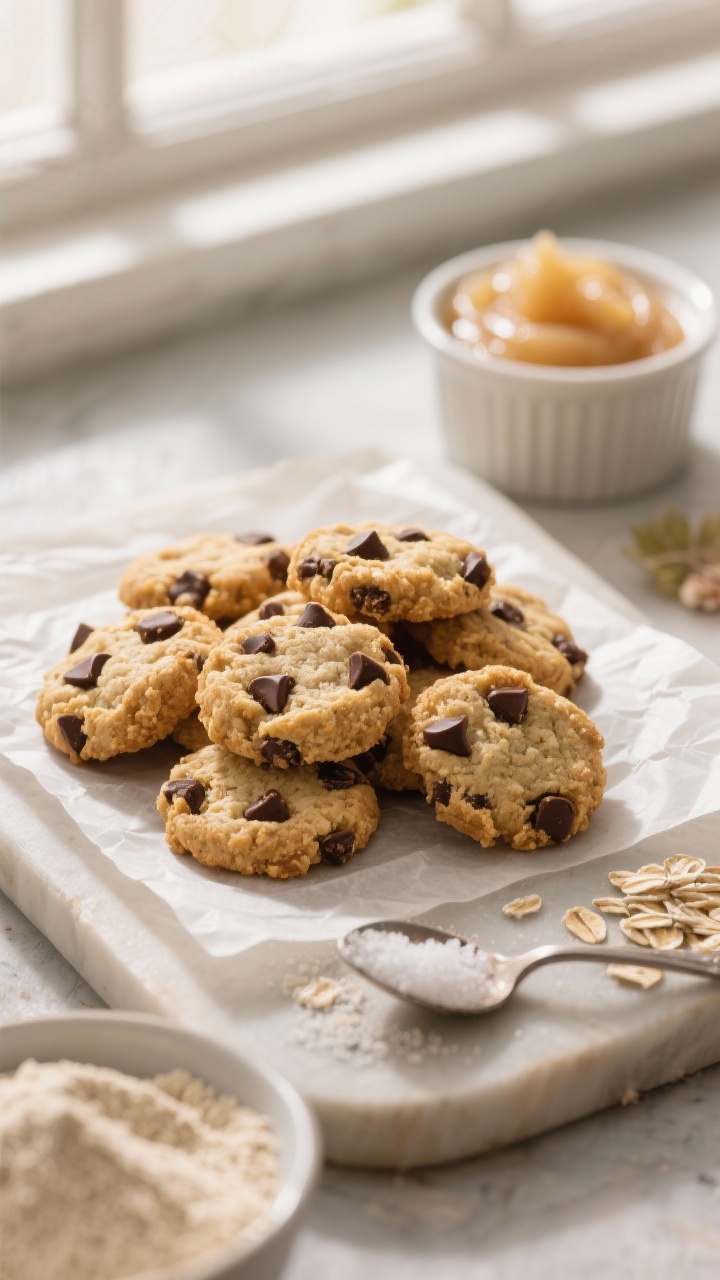 A 45-degree close-up of bite-size almond flour chocolate chip mini cookies piled on a small parchment-lined sheet, golden edges with visible melty dark chocolate chips, chewy interior crumbs showing. Include a small bowl of fine almond flour, a spoonful of oat flour, a pinch of baking soda and sea salt, granulated monk fruit crystals, and a ramekin of unsweetened applesauce in the background for context. Soft natural window light, shallow depth of field, warm tones emphasizing the chewy texture.