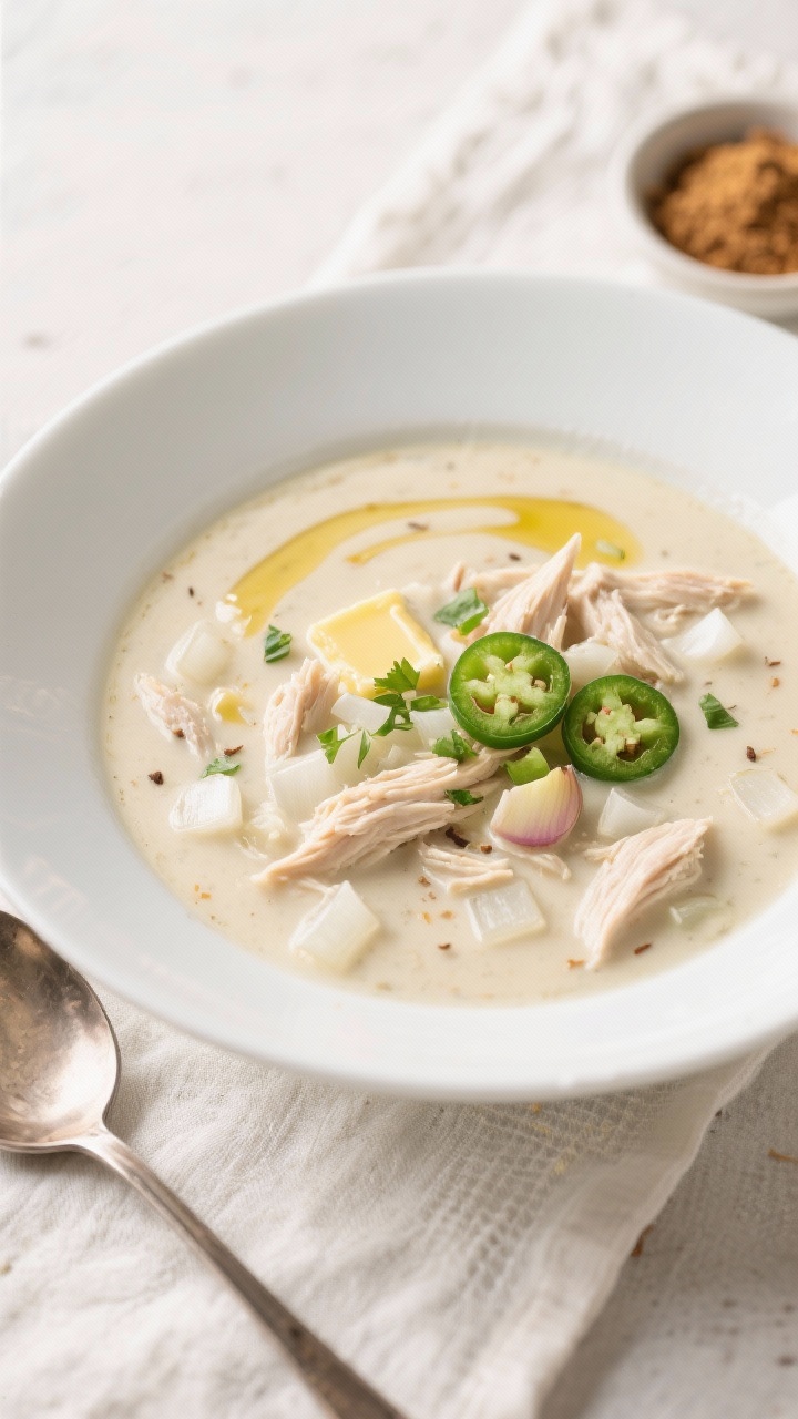 A 45-degree close-up of creamy white chicken chili ladled into a wide, shallow white bowl, velvety pale broth with tender shredded chicken, translucent diced onion, minced jalapeño, and garlic; specks of cumin and coriander visible; topped with a swirl of melted butter sheen and a sprinkle of minced jalapeño and cilantro; soft, bright lighting for a comforting, cozy feel, set on a light linen with a spoon and a small dish of ground cumin nearby.