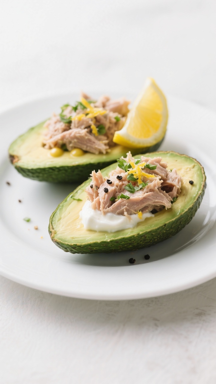A 45-degree close-up of tuna avocado boats ready to eat: ripe but firm avocado halves filled with a flaky tuna mixture bound with a touch of plain Greek yogurt, Dijon mustard, lemon juice, and a light sprinkle of chopped herbs; coarse black pepper and lemon zest on top, served on a simple white plate with a lemon wedge, clean background to highlight creamy and fresh textures.