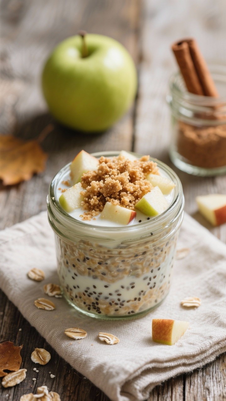 A 45-degree hero shot of apple pie overnight oats in a rustic jar: oats with almond milk, Greek yogurt, and chia seeds folded with finely diced Honeycrisp apple, topped with a crunchy streusel-esque sprinkle (toasted oats and a hint of cinnamon), and a few extra apple cubes. Warm, autumnal styling with a Granny Smith and a jar of cinnamon in the background, set on a linen napkin over weathered wood. Emphasize crunchy vs. creamy textures.