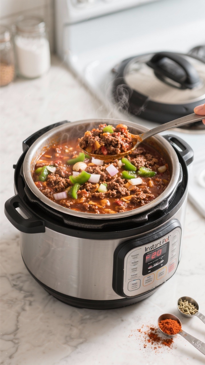 A 45-degree Instant Pot scene just after pressure release: weeknight chili made with ground beef or turkey, diced onion, green bell pepper, and garlic in a robust sauce seasoned with chili powder, cumin, and smoked paprika; lid set aside with steam lingering; a ladle lifting a hearty scoop to showcase texture; efficient, bright kitchen light with measuring spoons dusted in paprika and cumin next to the cooker.
