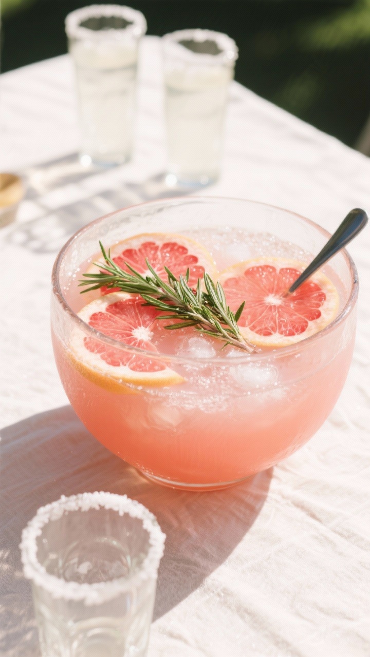 A 45-degree party punch presentation of Rosemary-Grapefruit Paloma Punch in a glass punch bowl: blush pink from fresh ruby red grapefruit juice and tequila, sparkling with club soda or grapefruit soda, studded with thin grapefruit wheels and sprigs of fresh rosemary from the rosemary syrup; ladle resting on the rim, matching highball glasses nearby with salt-sugar rims optional; crisp, bright daylight, airy festive feel on a light linen-covered table.