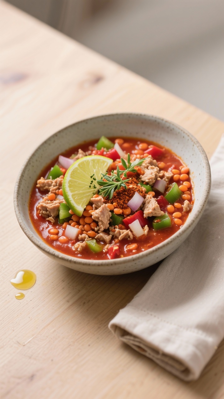 A 45-degree plated presentation of turkey and red lentil chili in a modern stoneware bowl: lean ground turkey crumbles and tender red lentils suspended in a tomato-red base with diced onion, green bell pepper, and garlic; seasoned with chili powder, cumin, and dried oregano; topped with a lime wedge and a pinch of oregano; clean weeknight feel on a light wood table with a drizzle of olive oil and a folded napkin.