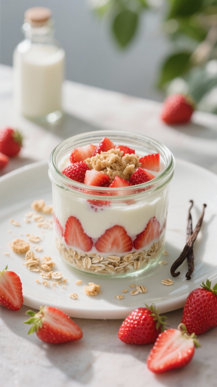 A 45-degree plated summer scene of strawberry shortcake oats in a clear jar: oats with almond milk and vanilla Greek yogurt layered with juicy diced strawberries, a touch of vanilla extract aroma, and a few crushed “shortcake-like” biscuit crumbs as a garnish (light sprinkle) to suggest the theme. Fresh strawberries scattered, a vanilla bottle blurred in the back. Soft, diffused daylight, juicy reds and creamy whites popping.