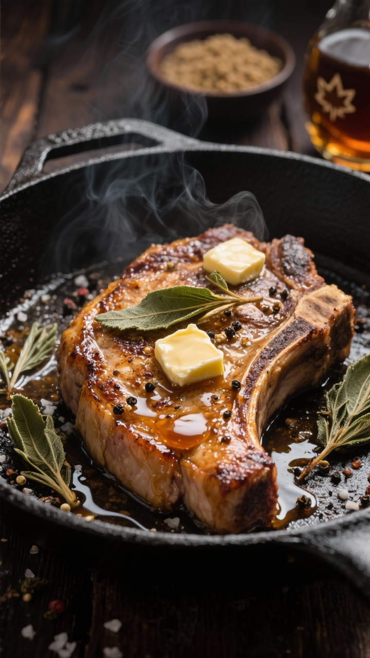 A 45-degree skillet close-up of Maple-Dijon pork chops sizzling in a black cast-iron pan, bone-in chops seared golden with a glossy maple glaze pooling around them, crispy fried sage leaves scattered on top, knobs of melting unsalted butter and a drizzle of pure maple syrup visible, coarse kosher salt and cracked black pepper grains on the crust; warm, moody lighting with gentle steam, styled on a dark wood surface with a small dish of Dijon and a bottle of maple syrup in the background.