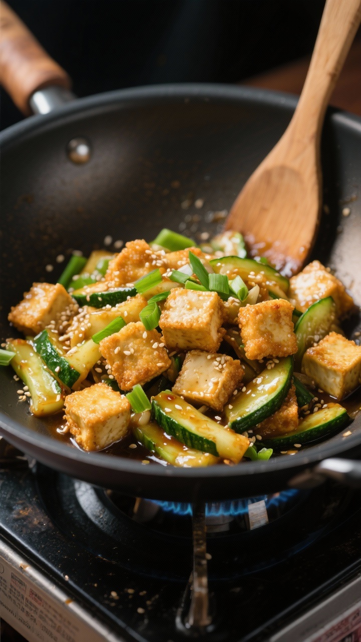 A 45-degree wok shot of sesame-ginger zucchini stir-fry with crispy tofu bites: golden, cornstarch-coated tofu cubes piled beside glossy zucchini batons, sliced green onions scattered on top, a sheen of ginger-sesame sauce catching light; served in a dark wok on a burner with a wooden spatula, energetic and fresh.