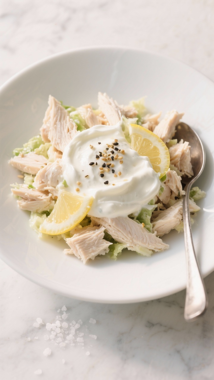 A bright, straight-on plated shot of creamy Greek yogurt chicken salad in a wide white bowl: diced and shredded chicken folded into a luscious mixture of plain Greek yogurt with a hint of mayonnaise, Dijon mustard ribbons, lemon juice and a touch of honey; texture visible with gentle folds, tiny Dijon seeds, and glossy creaminess; garnished minimally with cracked black pepper and a sprinkle of salt; set on a light marble surface with a spoon resting nearby, fresh and inviting.