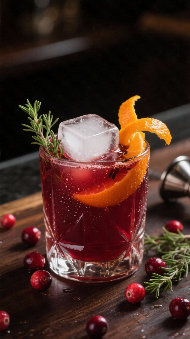 A close-up, 45-degree angle of a Cranberry-Orange Bourbon Smash in a double old fashioned glass with a large clear ice cube, deep ruby hue from unsweetened cranberry juice and fresh orange juice, tiny bubbles from gentle thyme sparkle, garnished with a small sprig of fresh thyme and a twist of orange peel; visible droplets on glass, two dashes of Angostura bitters adding a faint amber tint, simple syrup sheen, set on a dark walnut bar with scattered fresh cranberries, thyme sprigs, and a jigger beside it; moody, warmly lit, high contrast, professional cocktail styling.