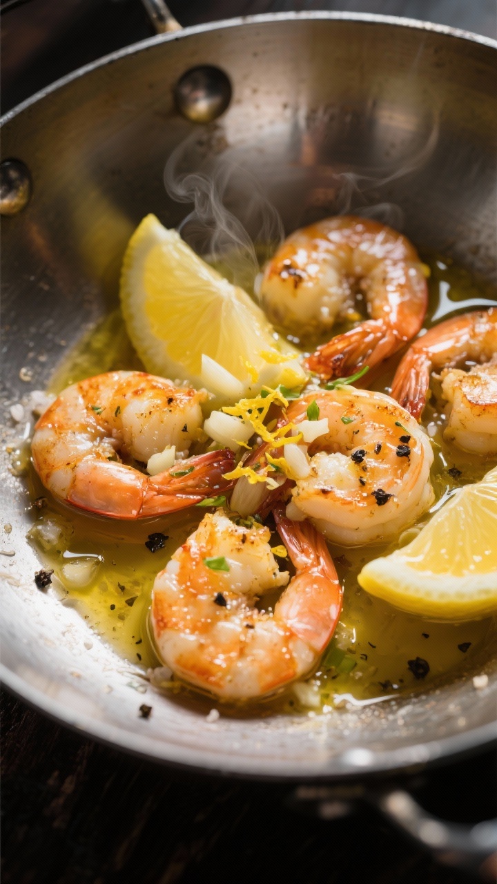 A close-up 45-degree shot of lemon-garlic butter shrimp glistening in a stainless steel skillet: large shrimp seared in olive oil and melted unsalted butter, visible finely minced garlic, lemon zest sprinkled over, lemon wedges and a small pool of bright lemon juice-butter sauce, flecks of black pepper and sea salt, finished with a glossy sheen; warm, moody lighting to emphasize the golden butter and aromatic steam.