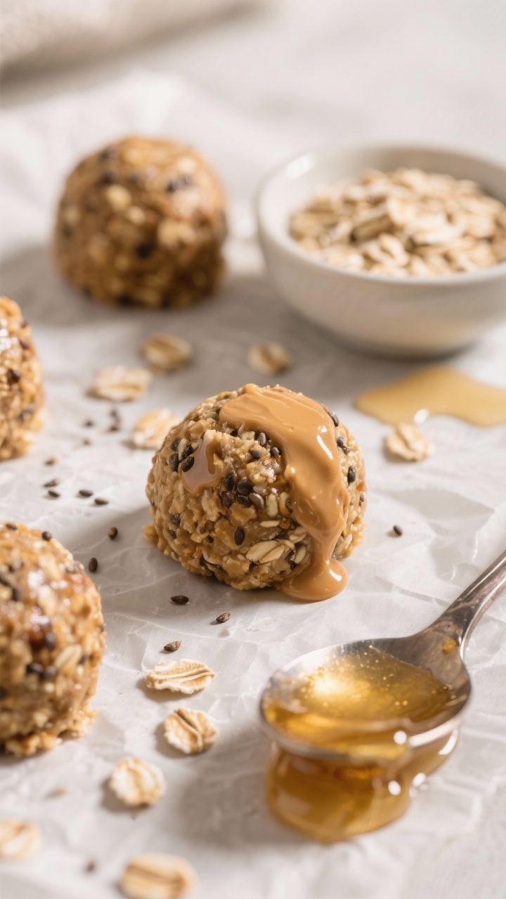 A close-up, hands-free composition of no-bake oat bites on parchment: round, rustic energy bites showing visible rolled oats, specks of ground flaxseed and chia seeds, and a glossy sheen from natural peanut butter and honey; a small bowl of oats and a spoon with a sticky ribbon of honey nearby, soft side lighting to make the bites look chewy and craveable.
