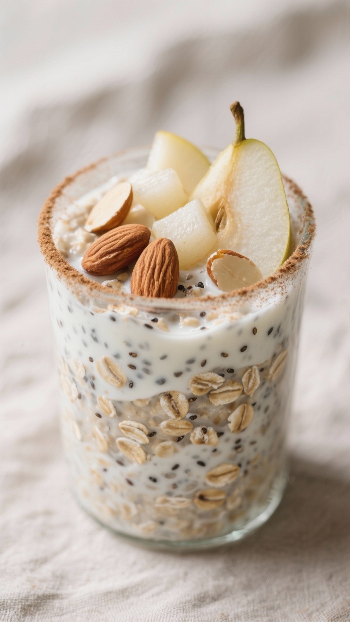 A close-up of cinnamon pear overnight oats in a glass tumbler: old-fashioned rolled oats soaked in unsweetened almond milk and plain nonfat Greek yogurt, flecked with chia seeds, swirled with ground cinnamon. Topped with juicy diced ripe pear and a few sliced almonds for crunch. Neutral linen backdrop, subtle cinnamon dusting on the rim, shallow depth of field highlighting the creamy texture and pear sheen.