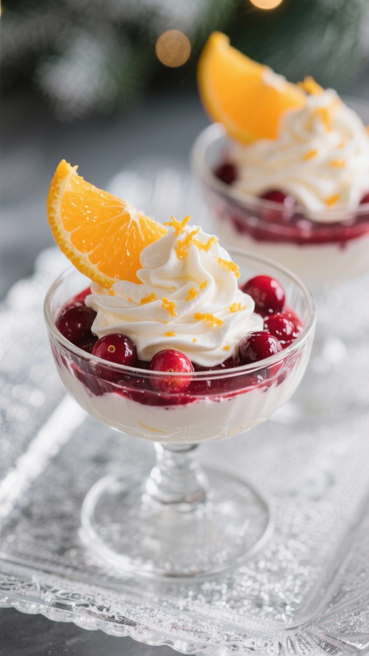 A close-up of cranberry-orange fool in clear coupe glasses, showing distinct swirls of vivid cranberry sauce folded into softly whipped heavy cream; flecks of bright orange zest and a drizzle of orange juice shine on top, optional honey glistening; garnished with a twist of orange peel, set on a frosty glass tray for a festive 15-minute dessert look, shallow depth of field.