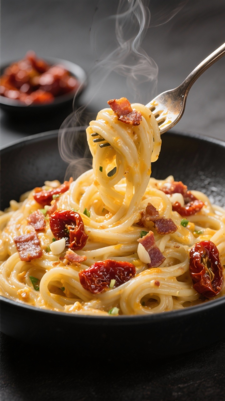 A close-up of sun-dried tomato carbonara with shirataki “spaghetti” being lifted on a fork: glossy shirataki strands coated in silky egg-based sauce, speckled with crispy bacon bits, minced garlic, and jewel-like pieces of sun-dried tomatoes in oil; gentle steam rising, light catching the sauce’s sheen; presented in a matte black bowl to pop the colors; a small dish of extra sun-dried tomatoes in the background.