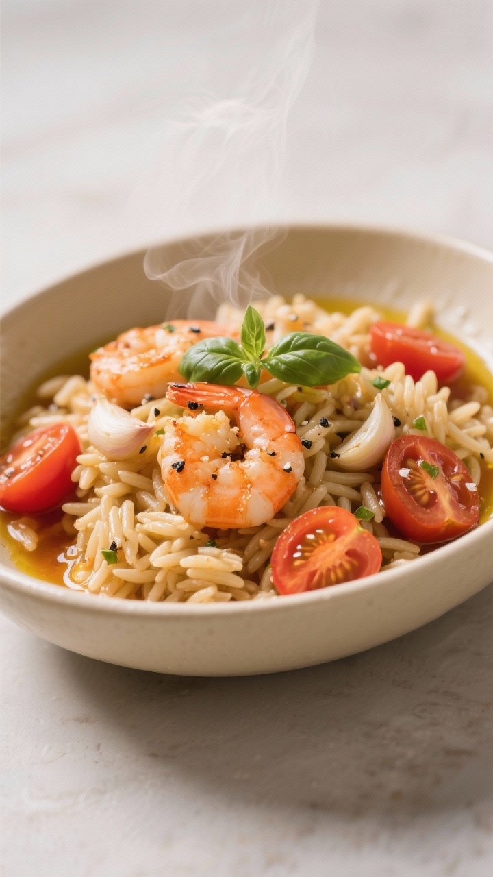 A cozy 45-degree bowl shot of garlicky shrimp orzo with burst tomatoes: plump shrimp seasoned with salt and black pepper, sliced garlic visible, cherry tomatoes split and saucy, tender orzo bathed in chicken or vegetable broth reduction, a drizzle of olive oil on top, finishing salt and basil leaves; steam rising, served in a cream ceramic bowl.