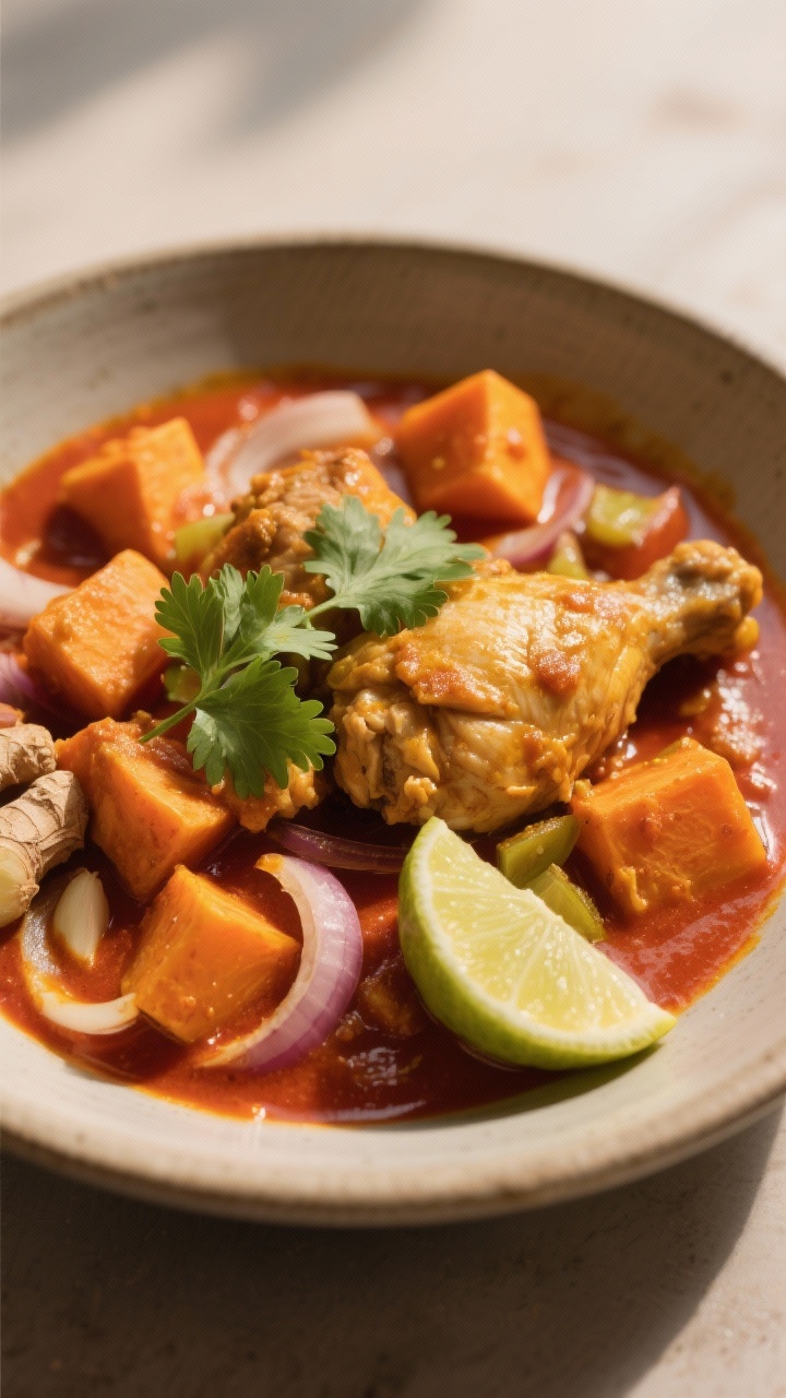 A cozy, straight-on bowl of coconut curry chicken with sweet potatoes: chunky chicken thighs and tender orange sweet potato cubes bathed in a velvety red curry and turmeric coconut sauce; diced onion, ginger, and garlic aromatics integrated, surface swirls of coconut fat catching the light; garnished with fresh cilantro leaves and a lime wedge on the side; warm-toned styling in a matte ceramic bowl, gentle side light emphasizing creaminess.