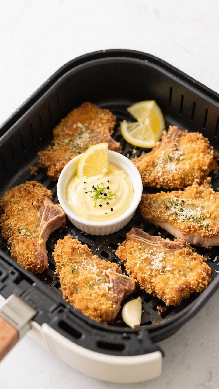 A crisp, overhead air fryer spread of Crispy Parmesan breaded chops with Lemon-Garlic Aioli: boneless chops coated in panko, finely grated Parmesan, Italian seasoning, and garlic powder, cooked to a golden, crunchy crust in an air fryer basket; a ramekin of pale yellow lemon-garlic aioli with zest on top, lemon wedges, and a sprinkle of black pepper and kosher salt; clean, bright studio light to emphasize texture and crunch.