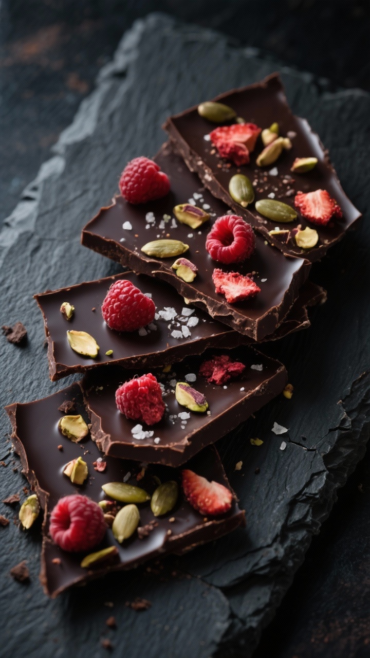 A dramatic 45-degree angle shot of dark chocolate berry bark on a cracked slate: glossy, set dark chocolate (70–85%) studded with lightly crushed freeze-dried raspberries or strawberries and sprinkled with roasted pumpkin seeds or chopped pistachios, a tiny pinch of salt; broken shards stacked to show texture contrast, rich, low-key lighting for indulgent feel.