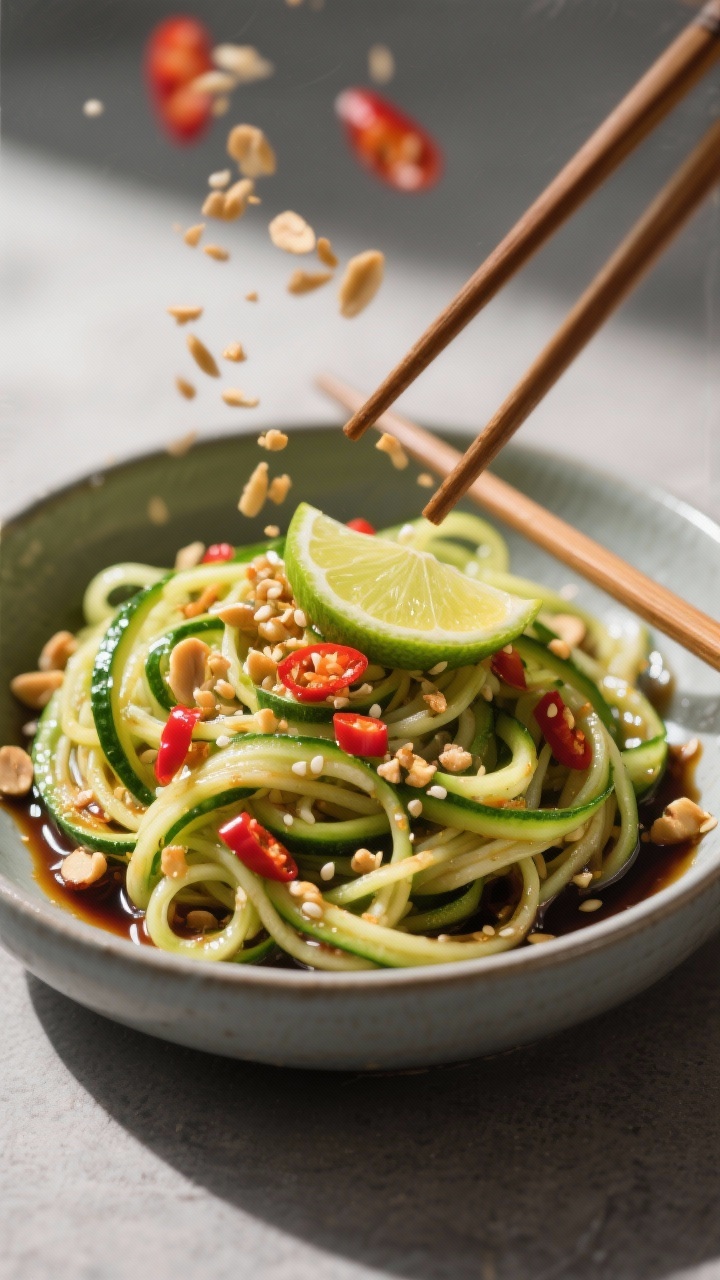 A dynamic 45-degree action shot of chili-lime zucchini noodles: glossy spiralized zoodles tossed with sesame oil, specks of red chili, soy sauce/tamari sheen, and a squeeze of lime, topped with crushed peanuts for crunch, served in a matte bowl with chopsticks resting; vibrant, punchy colors, light bouncing off the strands.
