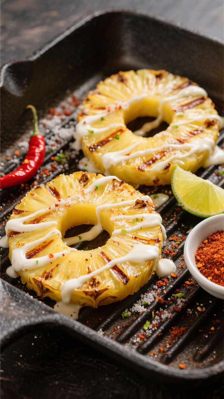 A dynamic 45-degree grill-side shot of pineapple rings with chili-lime sugar and yogurt drizzle: two 1/2-inch rings bearing defined grill marks, sprinkled with granulated sugar mixed with chili powder and lime zest, then drizzled with ribbons of plain 2% Greek yogurt. Set on a pre-warmed grill plate or cast-iron griddle, with a lime wedge and a small bowl of chili-lime sugar at the side. Vibrant contrast of golden fruit, red chili, and white drizzle.