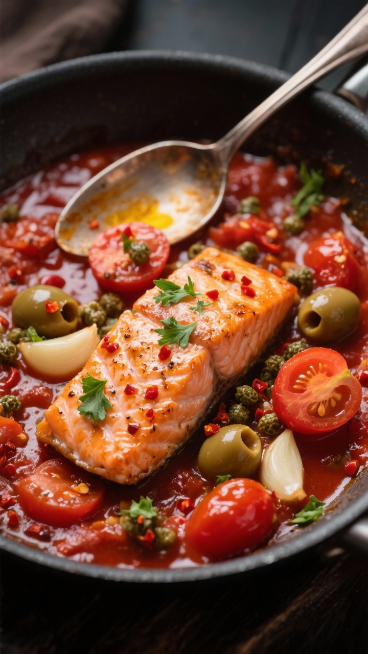 A dynamic close-up of garlicky salmon puttanesca in a shallow skillet. Skinless salmon fillets simmered among halved cherry tomatoes (some burst), sliced garlic, red pepper flakes, briny capers, and chopped olives in a glossy, ruby sauce. Olive oil sheen and chili flakes visible on the surface; spoon tucked into the sauce. Garnish with torn parsley. Rich, contrasty lighting to enhance the glossy sauce and salmon’s sear.