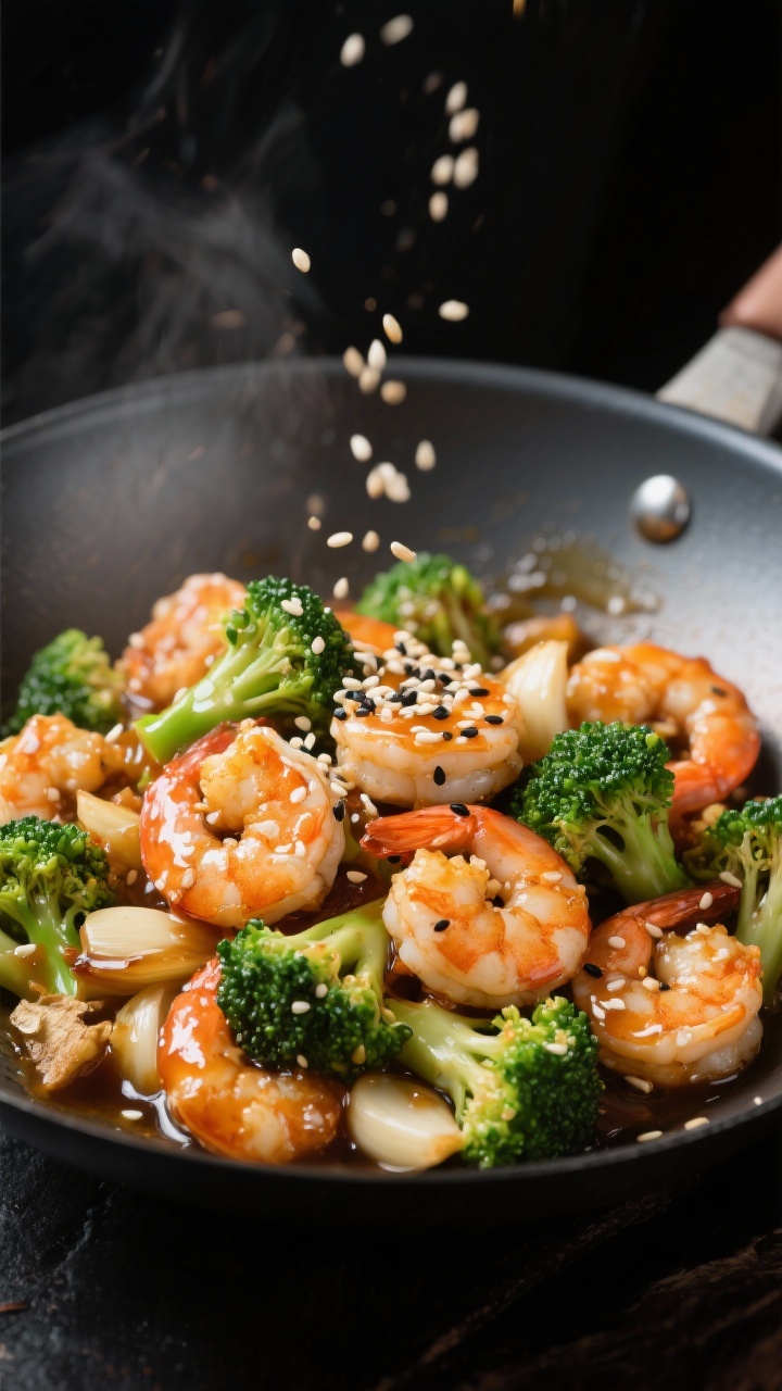 A dynamic wok-in-action shot, straight-on close-up: honey-garlic sesame shrimp stir-fry with shrimp lightly coated in cornstarch for a crisp edge, tossed with bright green broccoli florets, minced garlic, fresh grated ginger, glossy honey-garlic sauce clinging to everything, white and black sesame seeds sprinkled on top; high-contrast lighting to accentuate caramelization.