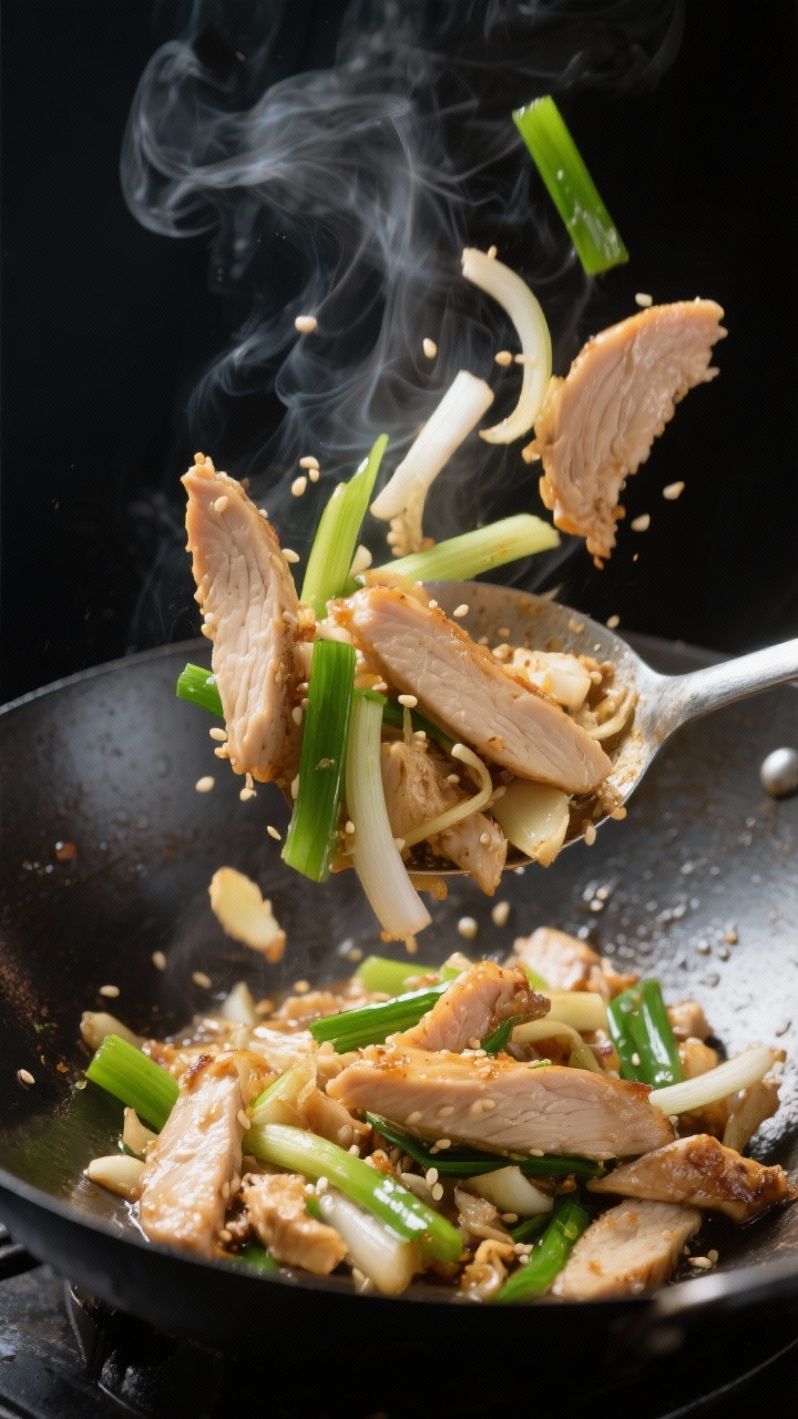 A mid-action 45-degree wok shot of ginger-scallion chicken stir-fry: thinly sliced chicken breast with a light cornstarch sheen searing in neutral oil, tossed with ribbons of scallions (white and green parts), grated fresh ginger strands, and minced garlic; a whisper of sesame oil gloss; vivid greens against a dark carbon steel wok, motion-caught toss, steam wafting, high-contrast restaurant-style lighting.