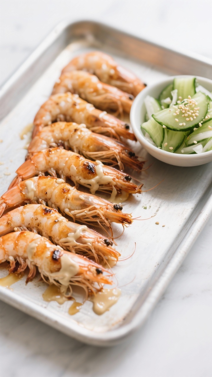 A minimalist overhead broiler tray: miso-ginger broiled shrimp arranged in neat rows, brushed with a glaze of white miso, honey, soy sauce, rice vinegar, and grated ginger; caramelized edges with slight char; on the side, a quick cucumber salad in a small bowl with thinly sliced cucumbers, rice vinegar sheen, sesame seeds; cool, clean lighting and a pale backdrop.
