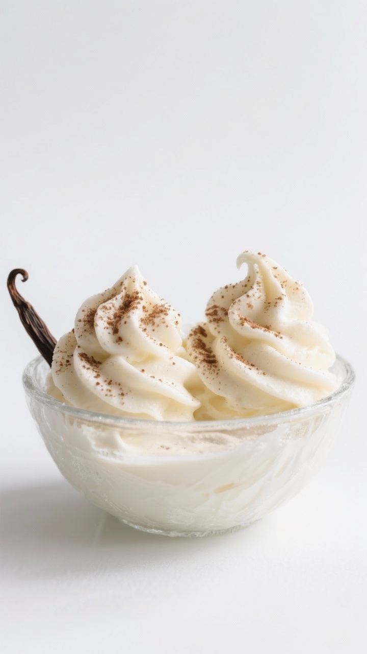 A minimalist, straight-on hero shot of two-ingredient banana nice cream in a chilled bowl: ultra-smooth pale banana soft-serve made from frozen banana and a splash of unsweetened almond milk, with a delicate dusting of instant espresso powder over the top. Optional vanilla note implied by a tiny vanilla pod segment in the background. Clean white backdrop, frosty bowl, tight focus on creamy swirls and fine espresso speckles.
