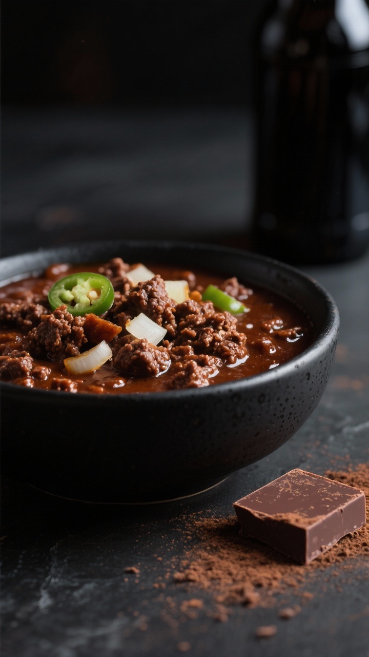 A moody close-up of chocolate stout chili in a black ceramic bowl: deeply colored, glossy chili with crumbled ground beef or bison, soft onions, and a hint of minced jalapeño; richness emphasized by cocoa and stout—tiny bubbles and sheen visible; dusting of ancho chili and a square of unsweetened cocoa set beside the bowl; dark beer bottle blurred in the background, low-key lighting for depth and intrigue.
