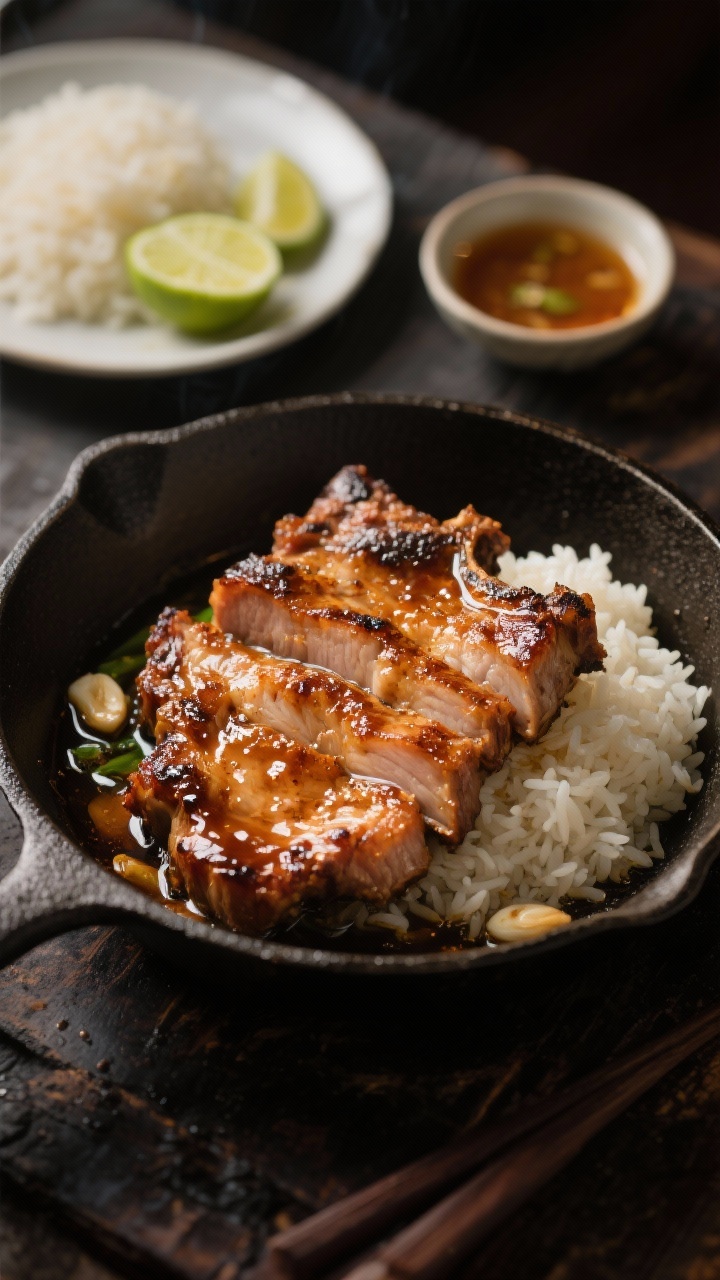 A moody, straight-on composition of Vietnamese-style Caramelized Pork Chops: thin-cut bone-in chops lacquered with a glossy brown sugar, fish sauce, soy, lime, garlic, and shallot caramel, edges slightly charred, glaze bubbling in a shallow cast-iron skillet; served with a side plate of jasmine rice and lime wedges, a small bowl of fish sauce in the background; rich contrast and a warm, amber tone to evoke street-food grill vibes.
