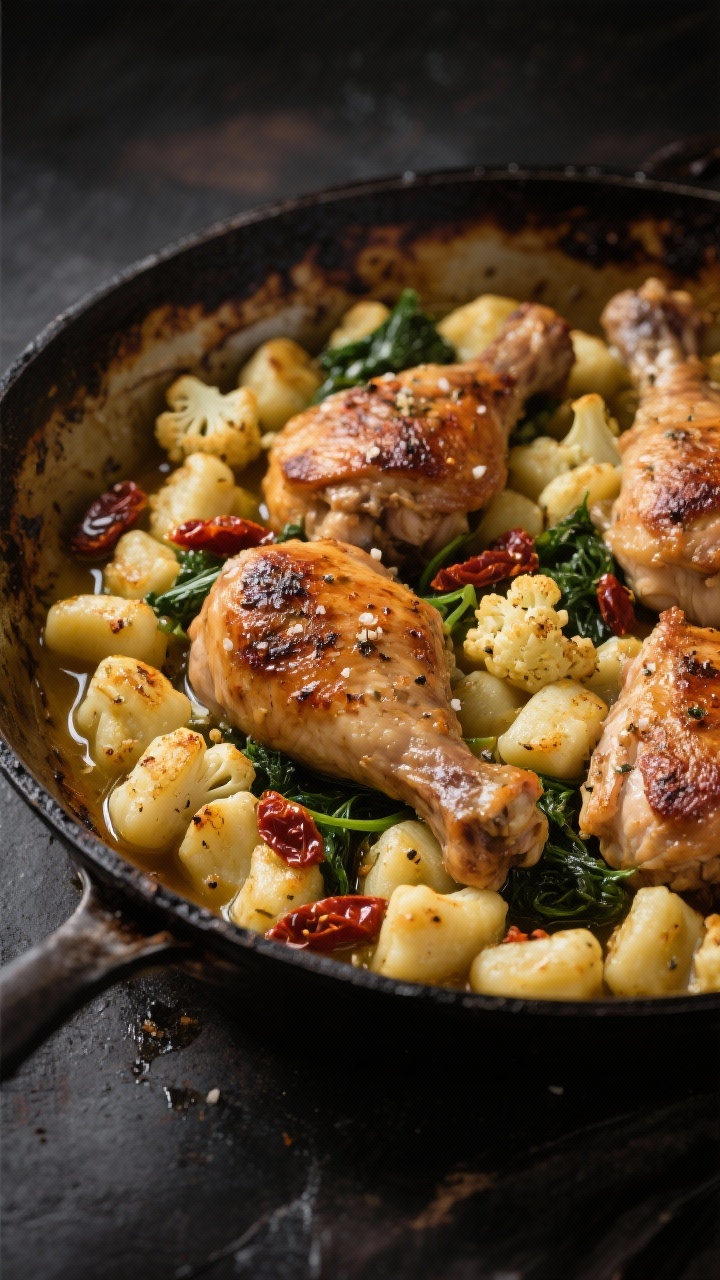 A one-pan scene shot straight-on of Tuscan chicken over cauliflower gnocchi: bite-size browned chicken thighs seasoned with kosher salt, black pepper, and Italian seasoning nestled among golden, seared cauliflower gnocchi; glossy olive oil coating; flecks of sun-dried tomato and wilted greens suggested for Tuscan vibes; all in a wide, shallow skillet with charred edges on some gnocchi; moody side light to emphasize texture and sizzle.