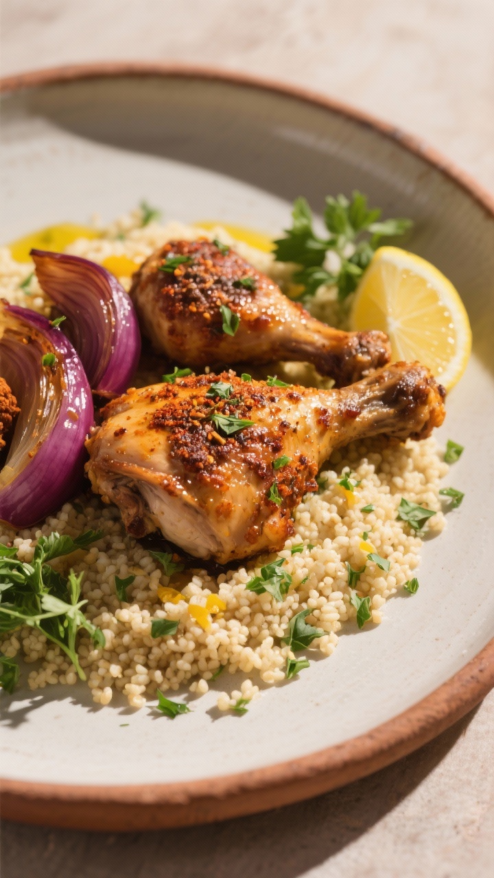 A plated 45-degree Moroccan-spiced chicken with herby couscous: browned chicken thighs rubbed with cumin, coriander, paprika, cinnamon, turmeric, salt, and pepper; served over fluffy couscous flecked with chopped herbs; roasted red onion petals tucked alongside; warm spice tones with a touch of olive oil gloss; garnished with lemon wedges and a sprinkle of parsley; earthy ceramics, soft shadow for depth.