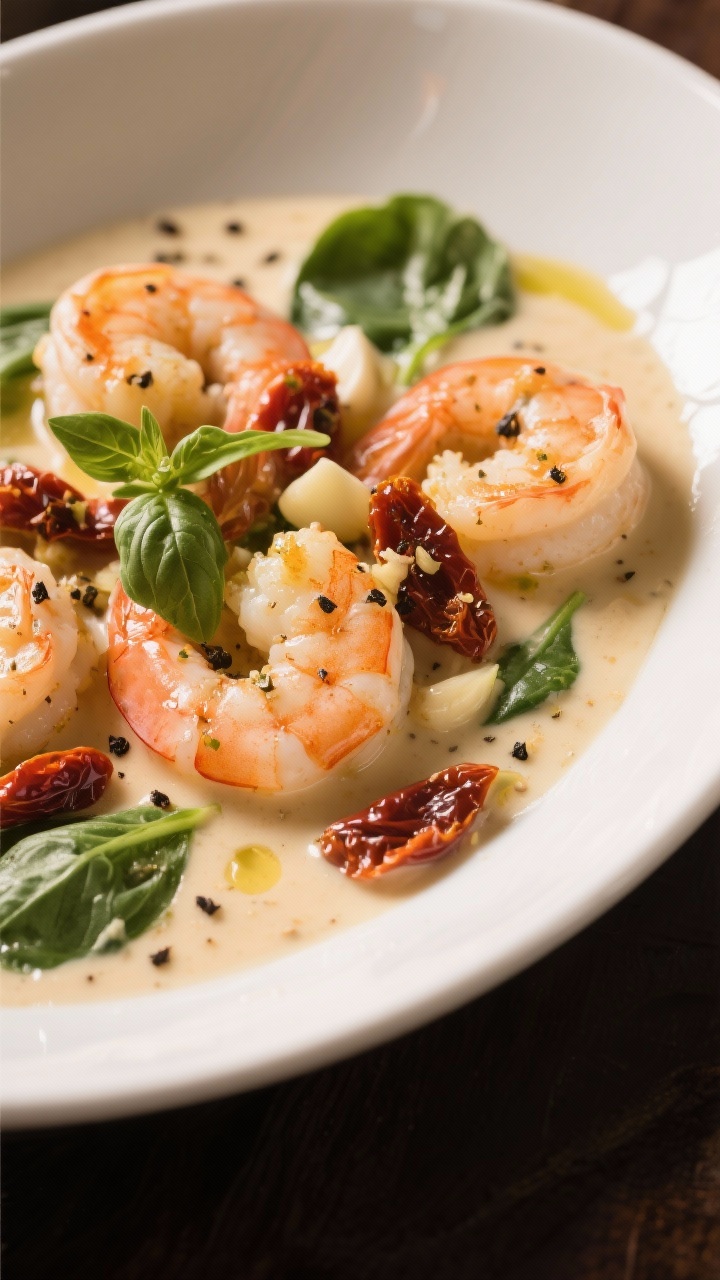 A plated 45-degree shot of creamy Tuscan shrimp: large shrimp seasoned with Italian seasoning and salt nestled in a silky cream sauce studded with sun-dried tomatoes and minced garlic, olive oil gloss, scattered baby spinach just wilted, cracked black pepper, served in a shallow white bowl with torn basil; warm, golden light that highlights the cream’s velvety texture.